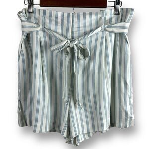 Loft Women's Size L Pull On Paperbag Waist Shorts White Blue Stripe‎ Belted New